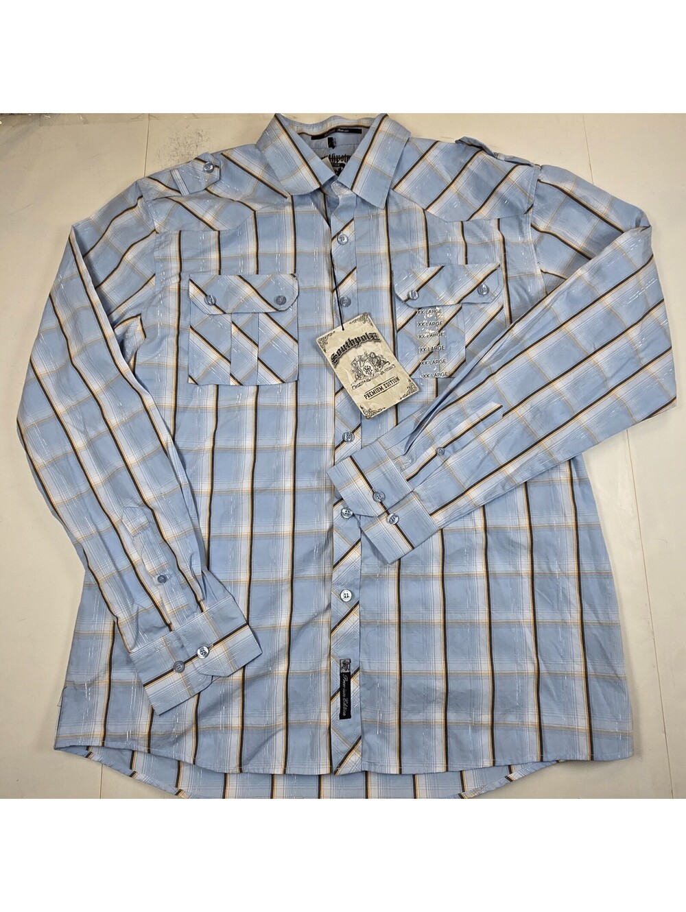 Southpole Premium Shirt Mens 2XL Sky Blue Kingdom Plaid Silver Accents NWT